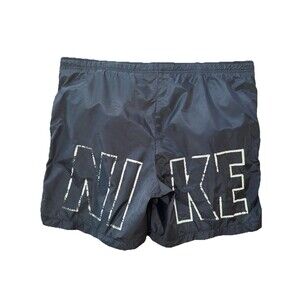 Nike Vintage Black Nylon Running Shorts Men’s Small Swoosh Logo Lined Drawstring